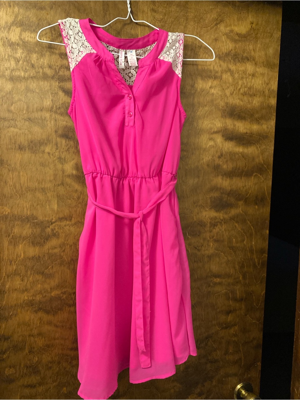 Girls' Bright Pink Lace-Shoulder Belted Dress